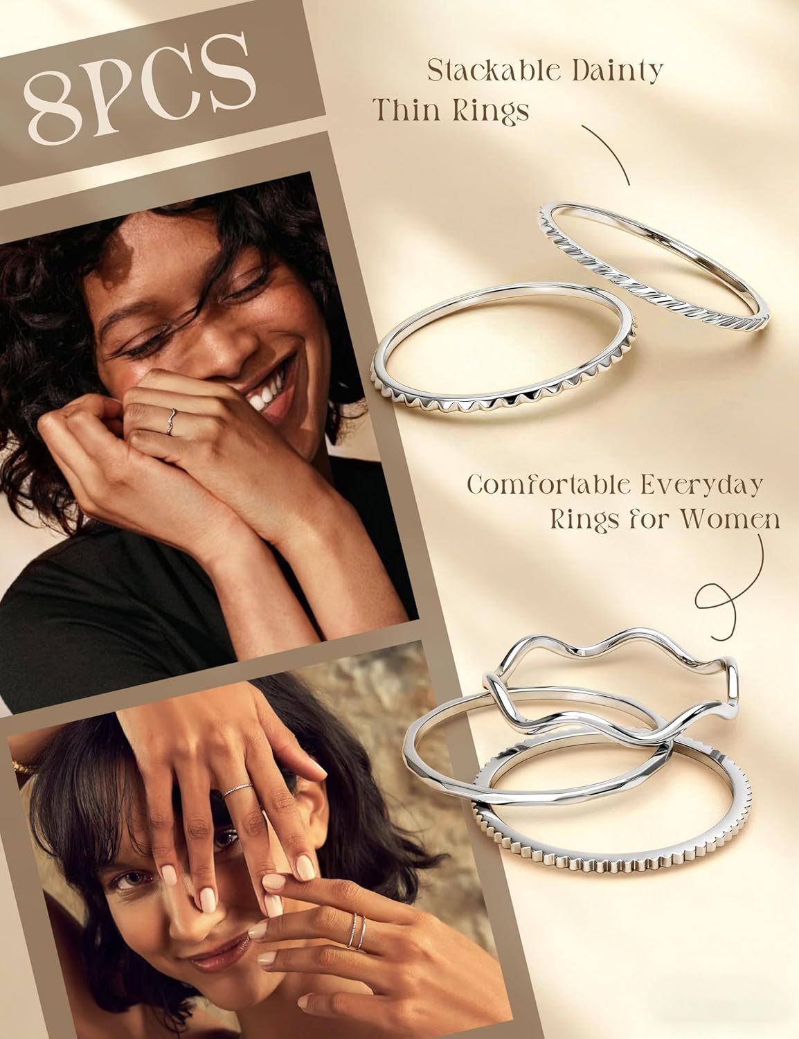 8Pcs 1mm Stainless Steel Rings for Women Men Fashion Plain Band Knuckle Stacking Midi Thumb Dainty Thin Rings Set