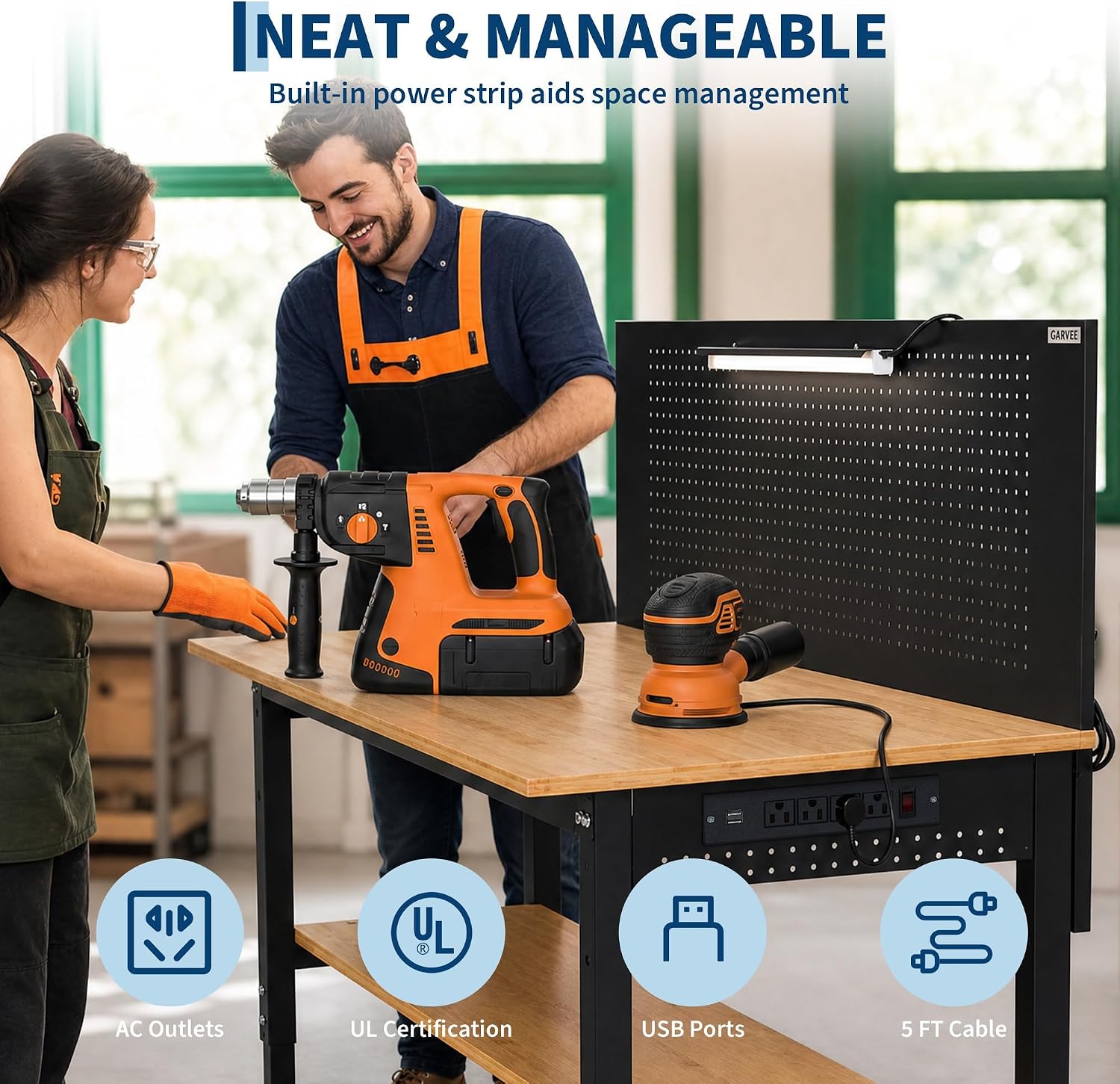 Adjustable Height Heavy-Duty Workbench with Pegboard, 60 x 22 in Work Table for Garage & Workshop - Storage Shelf
