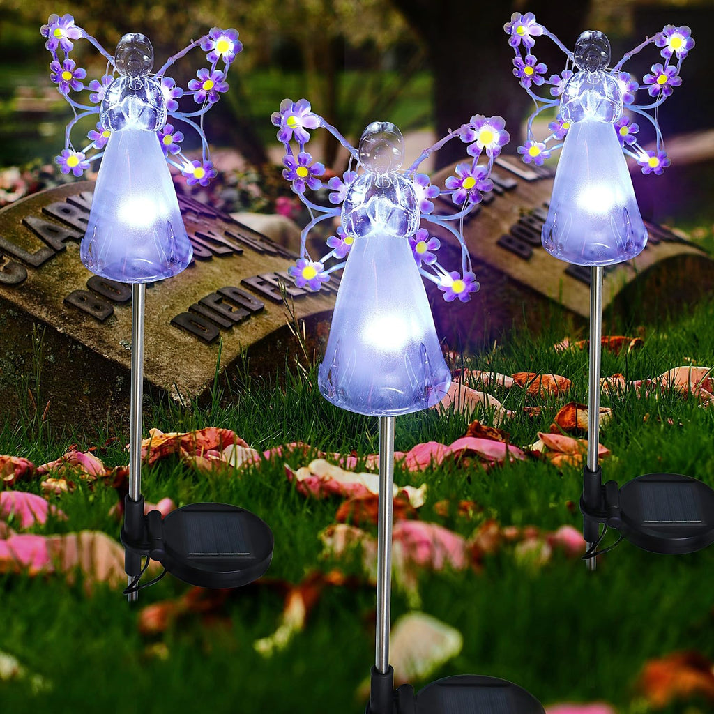 Angel Solar Lights Outdoor, 2 Packs Purple Solar Powered Garden Stake Lights for Cemetery Grave Decoration, Memorial