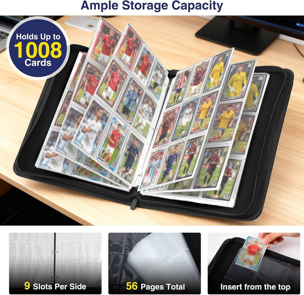 9 Pocket Trading Card Binder, 1008 Pockets in 56 Removable Double-Sided Sleeves, PU Zip Card Collection Storage