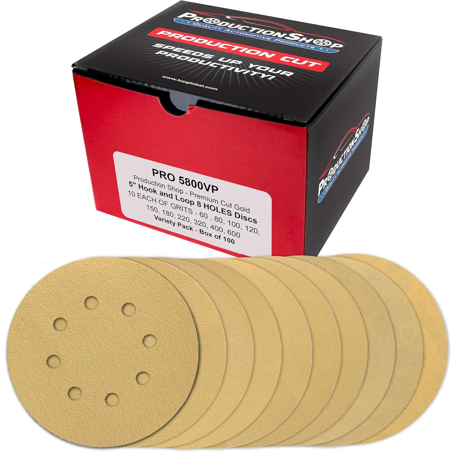 Premium 5" Gold Sanding Discs, 8-Hole Pattern, 100 Disc Variety Pack, Grits 60, 80, 100, 120, 150, 180, 220, 320