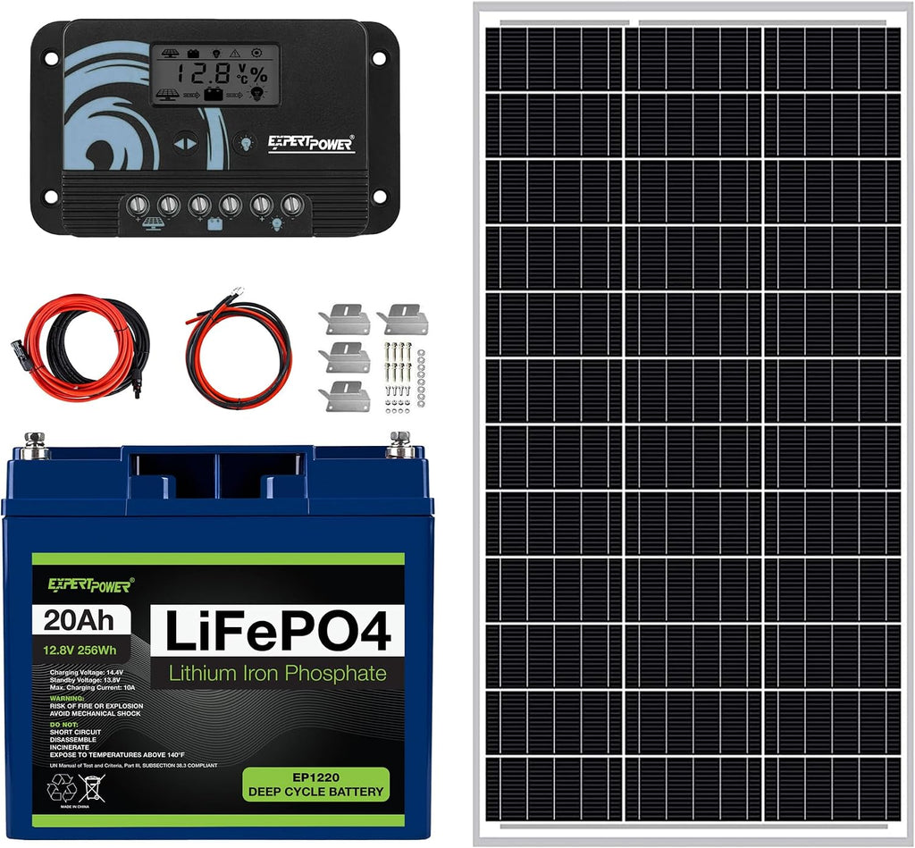 100W 12V Solar Power Kit | 12V 20Ah LiFePO4 Lithium Battery | 100W Mono Rigid Solar Panel, 10A PWM Solar Charge