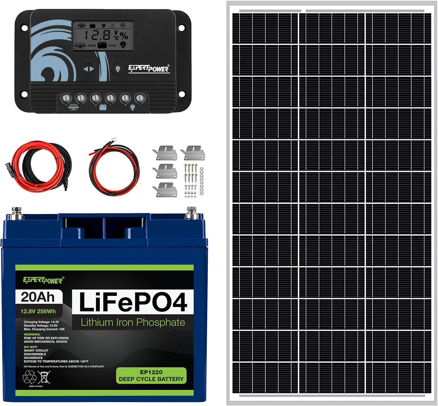 100W 12V Solar Power Kit | 12V 20Ah LiFePO4 Lithium Battery | 100W Mono Rigid Solar Panel, 10A PWM Solar Charge