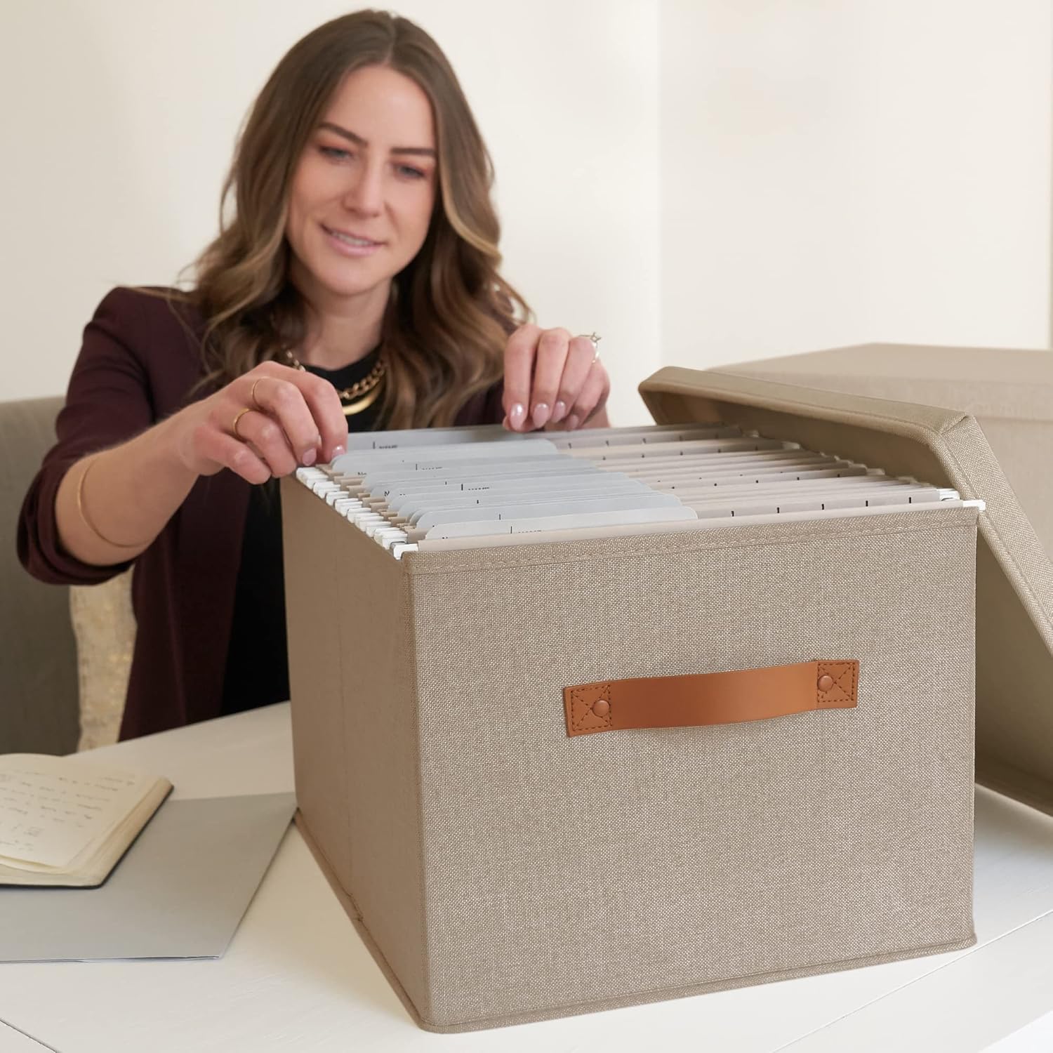 Decorative File Organizer Box Set of 2 - Collapsible Linen Filing Cabinets with Handles Are Perfect to Store All Your