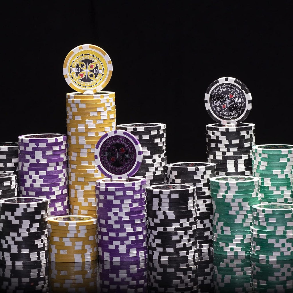 14 Gram 500 Count Poker Set - The Ultimate - 14G Clay Composite Chips with Aluminum Case, Playing Cards, Dealer