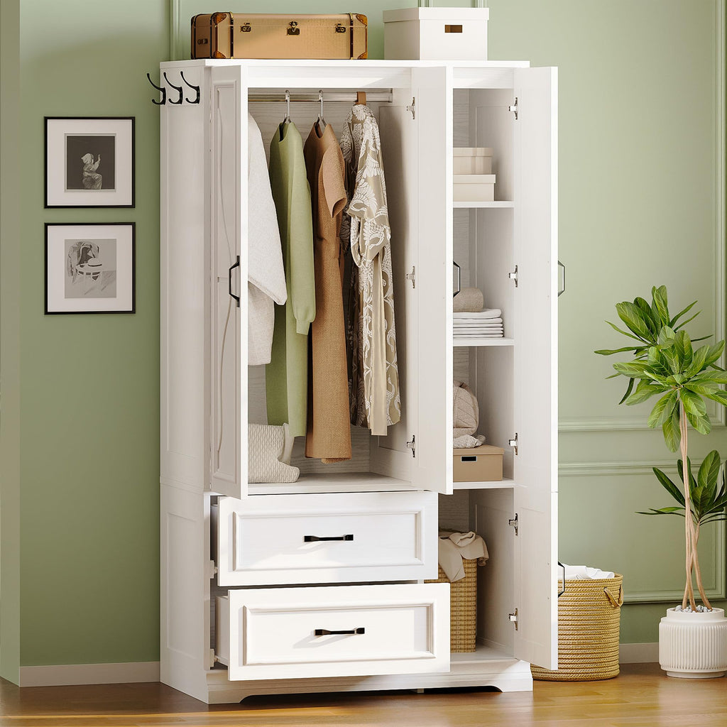 Armoire Wardrobe Closet with 4 Doors and Drawers, White