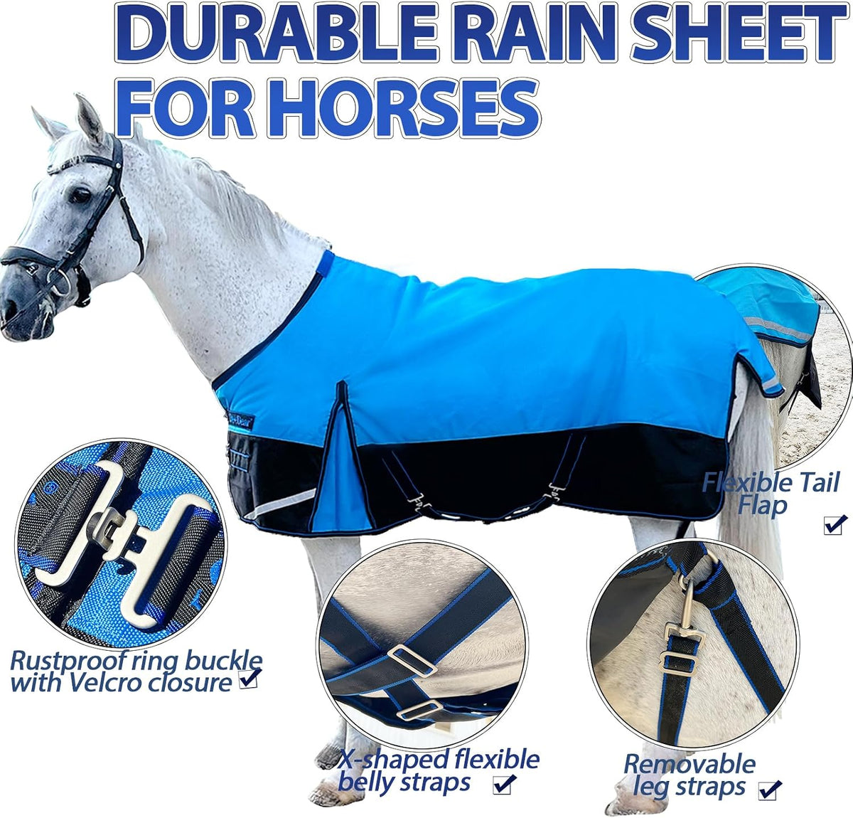 1200D Fall Horse Turnout Sheet (0g No Fill) Horse Blanket,Blue Black 66''