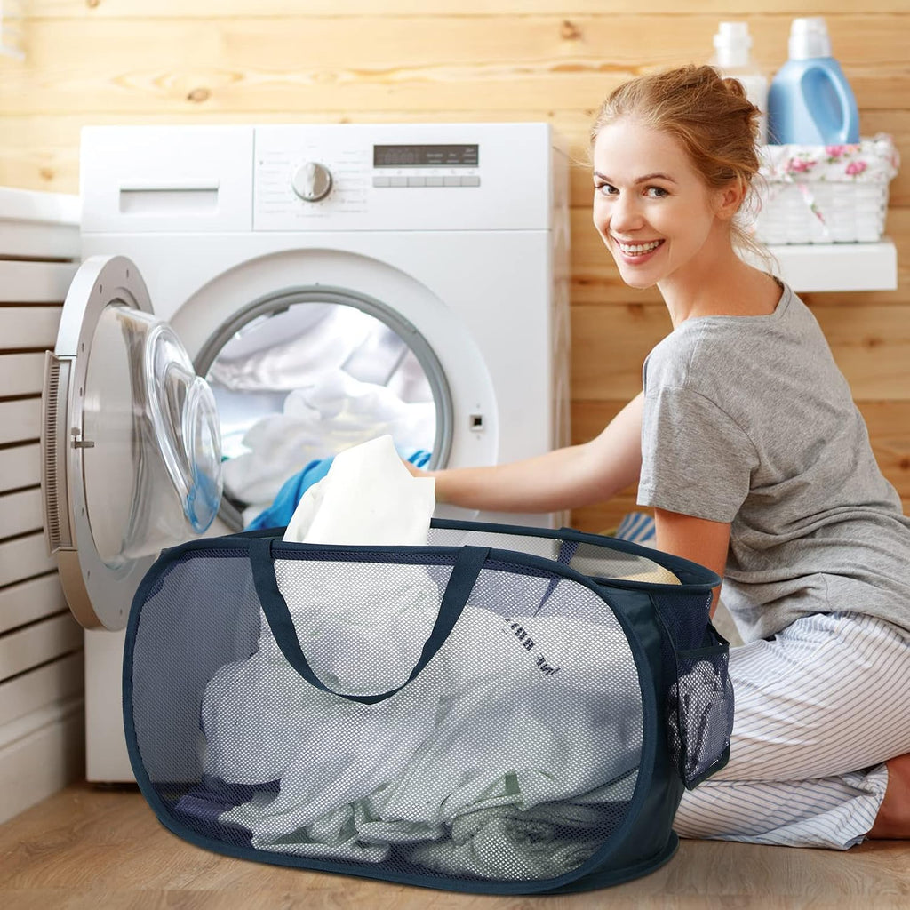 Durable Collapsible Laundry Baskets, Mesh Pop Up Laundry Hamper with Side Pocket, Foldable Clothes Storage Hamper