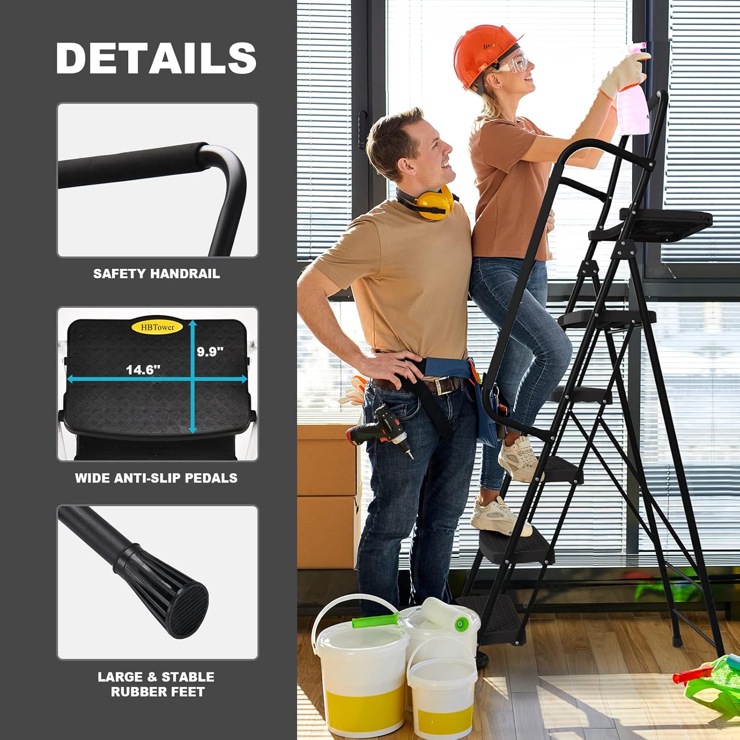 5 Step Ladder, Folding Step Stool with Wide Anti-Slip Pedal, Tool Tray & Handrails, 330lbs Capacity for Home and