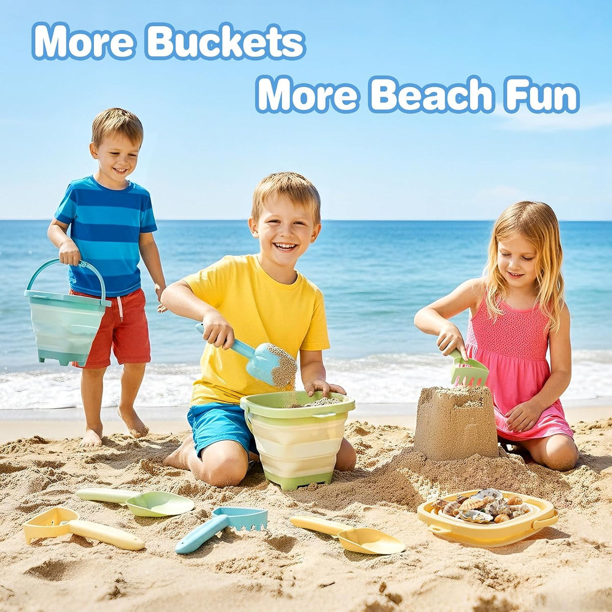 Beach Toys, 3 Pack Collapsible Sand Buckets for Kids, Shovels & Rakes Set with Mesh Bag, Kids Beach Essentials