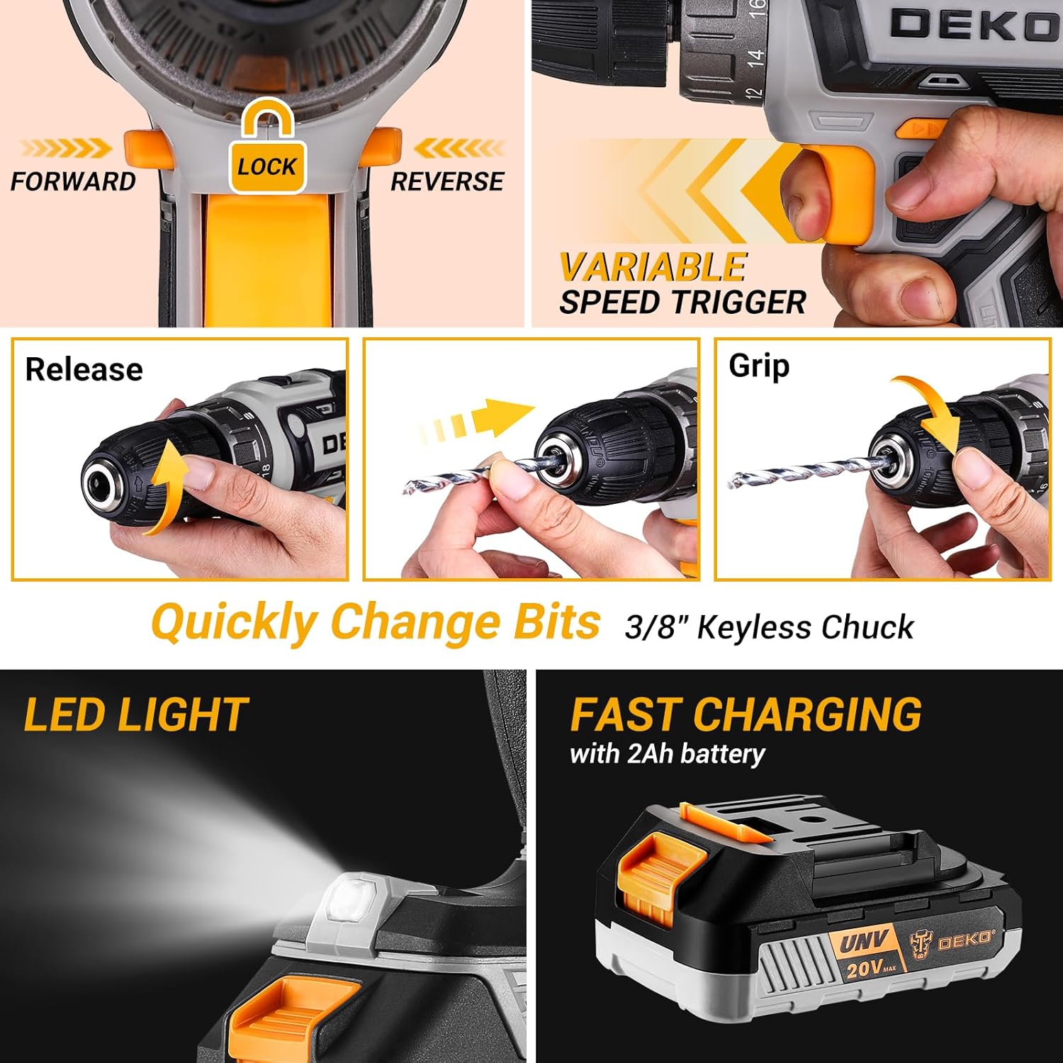 Cordless Drill Tool Kit Set: 20V Power Drill Tool Box with Battery Electric Drill Driver for Men Home Hand Repair