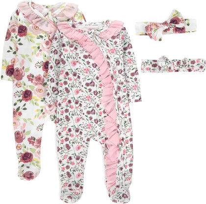 Baby Girl Sleepers,4 Piece Outfit Set, Romper Footies and Headband – All Season Baby Clothes Gift Set