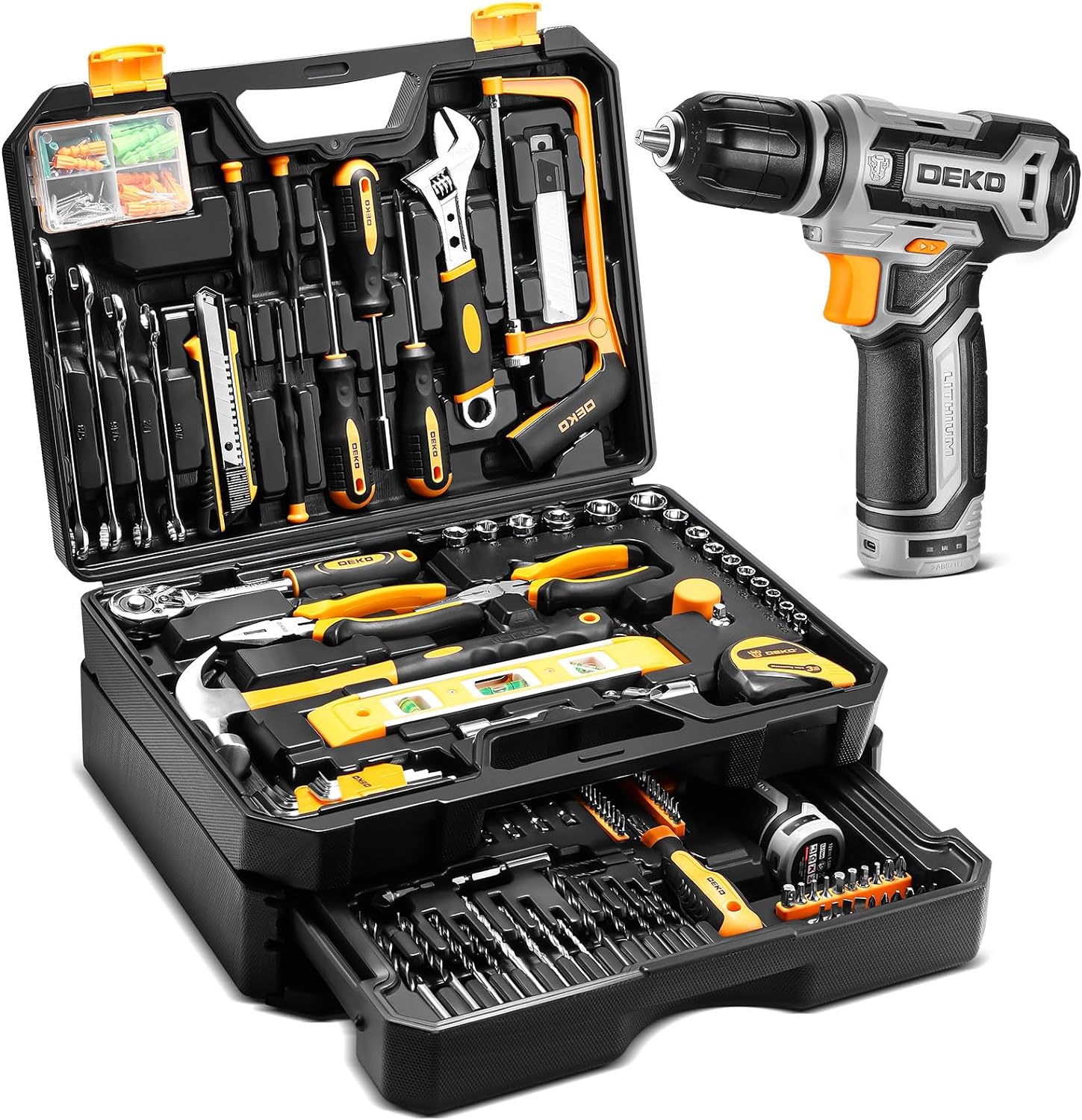 Tool Kit Box Drill Set：DEKOPRO Home Mechanic Toolbox with 12V Power Cordless Drill Hand Repair Tools Sets Combo Kits