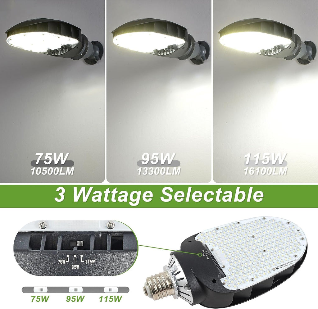 LED Shoebox Retrofit Lamp, 75/95/115W Selectable, 5000K, Rotatable E39 Base