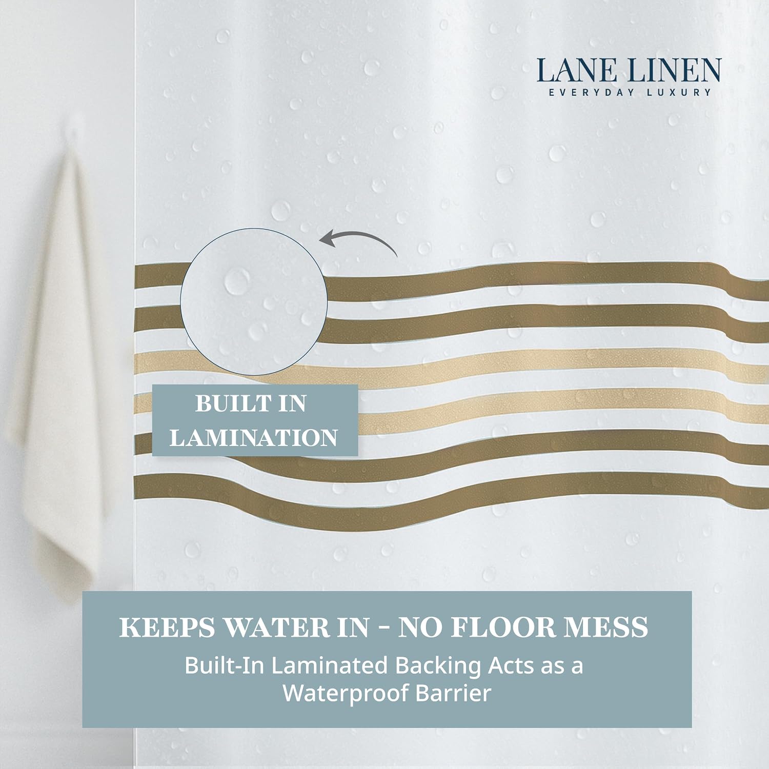 Waterproof Shower Curtain - 72W x 72H - 2 in 1 Fabric Design with Built in Laminated Inner Layer - No Liner Needed