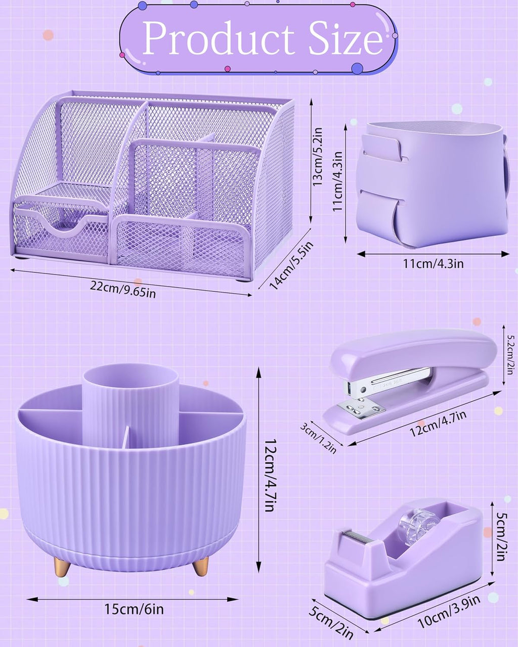 Purple Desk Accessories and Organizers with Desk Organizer and 360°Rotating Pen Holder stapler Pen and a Lot of
