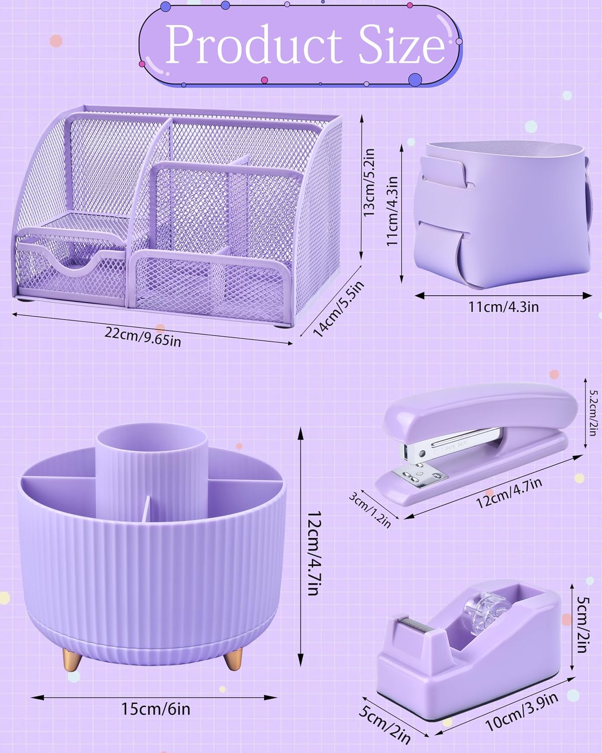 Purple Desk Accessories and Organizers with Desk Organizer and 360°Rotating Pen Holder stapler Pen and a Lot of