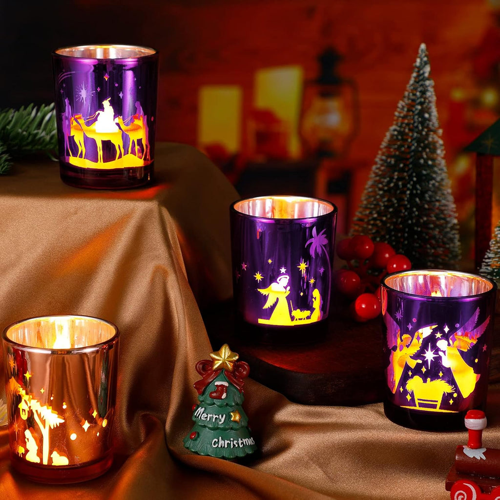 4 Pcs Advent Candle Holders Nativity Glass Purple Pink Tealight
