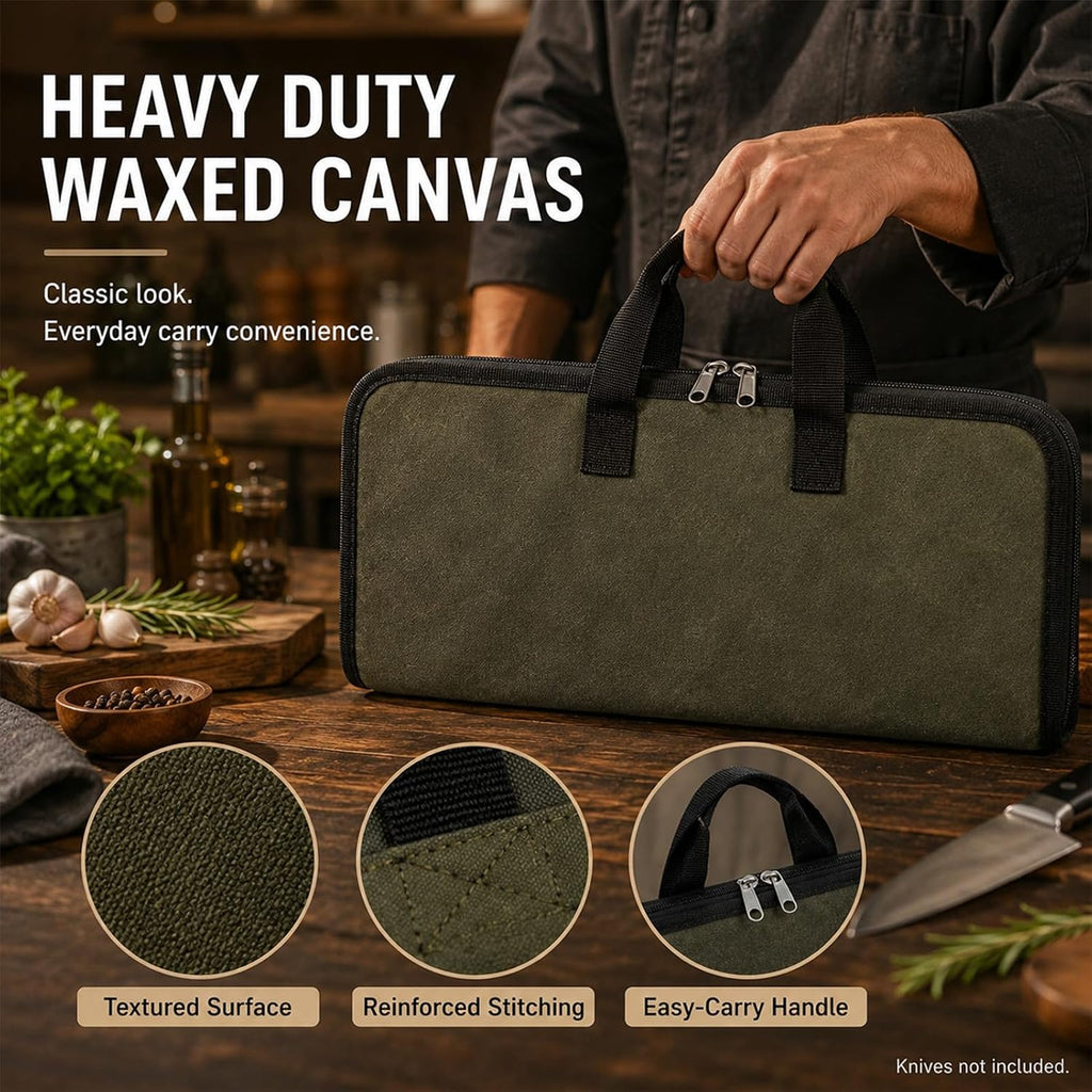 4 Slots Chefs Knife Roll Bag Cutlery Storage Case Men Army Green | Heavy duty waxed canvas pouches.Portable handles