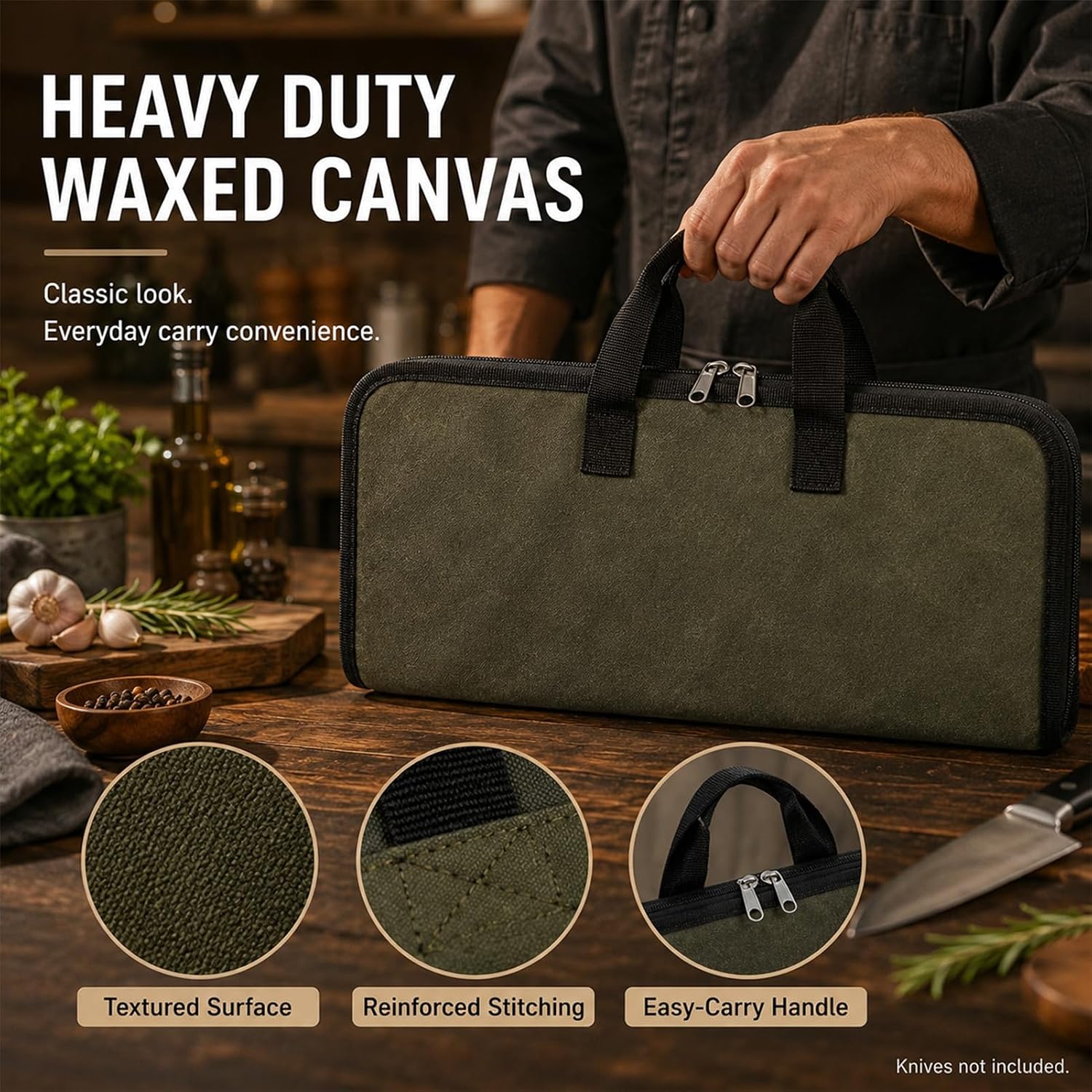 4 Slots Chefs Knife Roll Bag Cutlery Storage Case Men Army Green | Heavy duty waxed canvas pouches.Portable handles