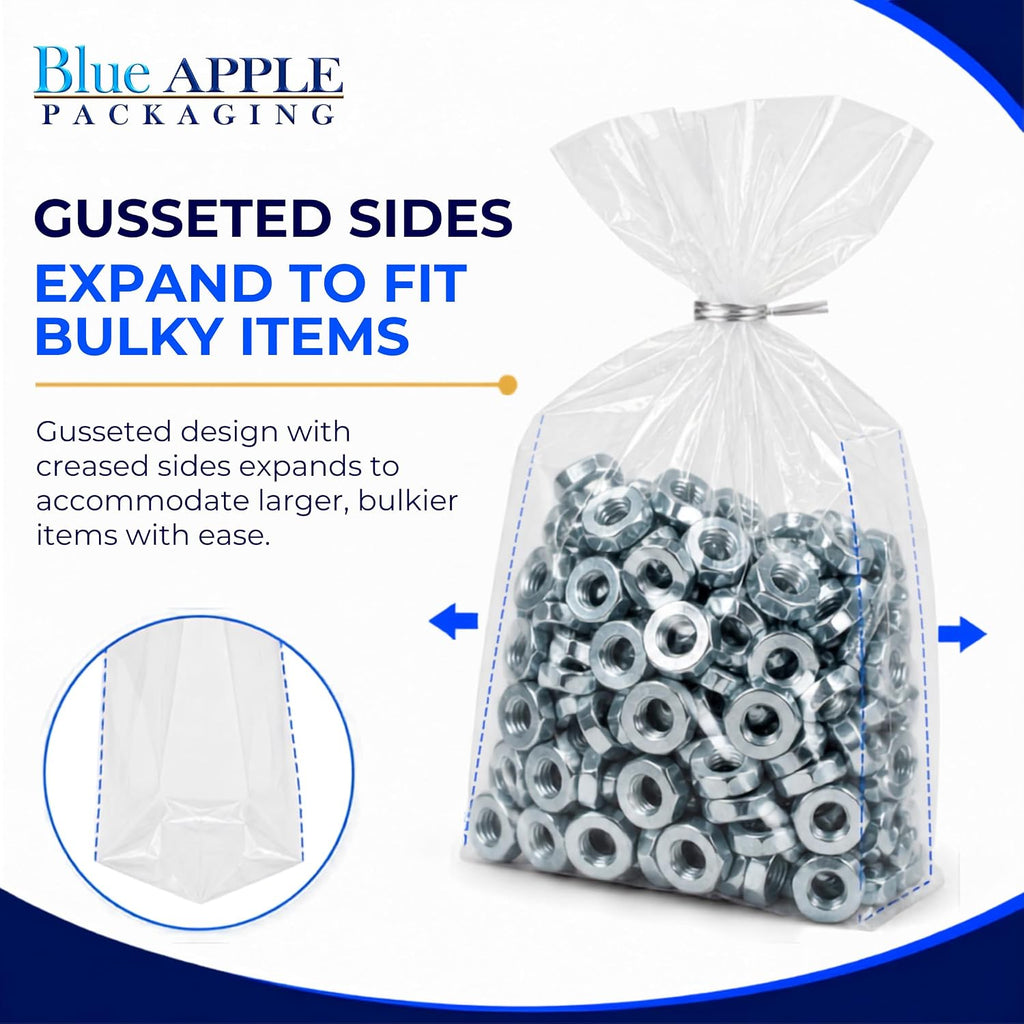 Clear Gusseted Bag 2 Mil, 10" X 8" X 24" & 500 Bags | LDPE Material, For Food Packaging, Storage & Display | Heat