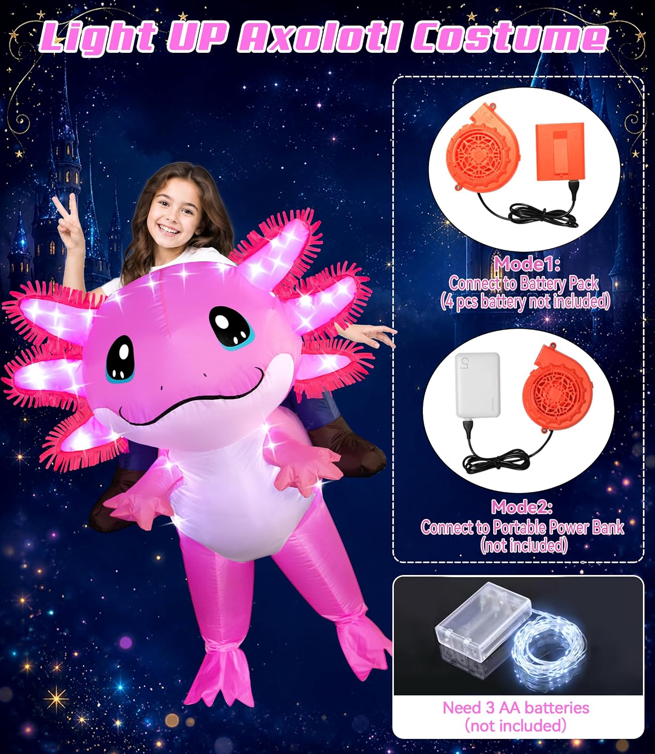 Inflatable Axolotl Costume for Kids with LED Lights, Ride-On Blow Up Halloween Cosplay Outfit for Girls and Boys