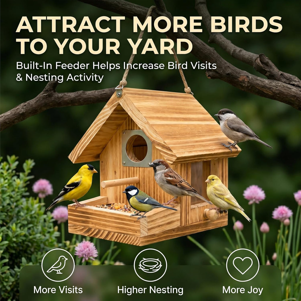 2-in-1 Wooden Bird House for Outside with Feeder, Hanging Birdhouse, Clear Window & EasyClean Door, Carbonized Solid