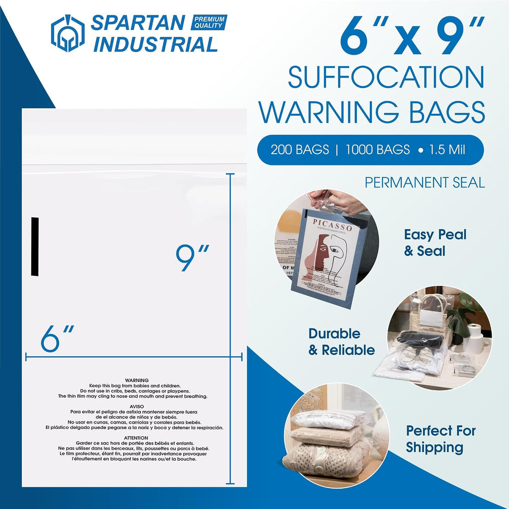 6" X 9" (1000 Count) Self Seal Clear Poly Bags with Suffocation Warning