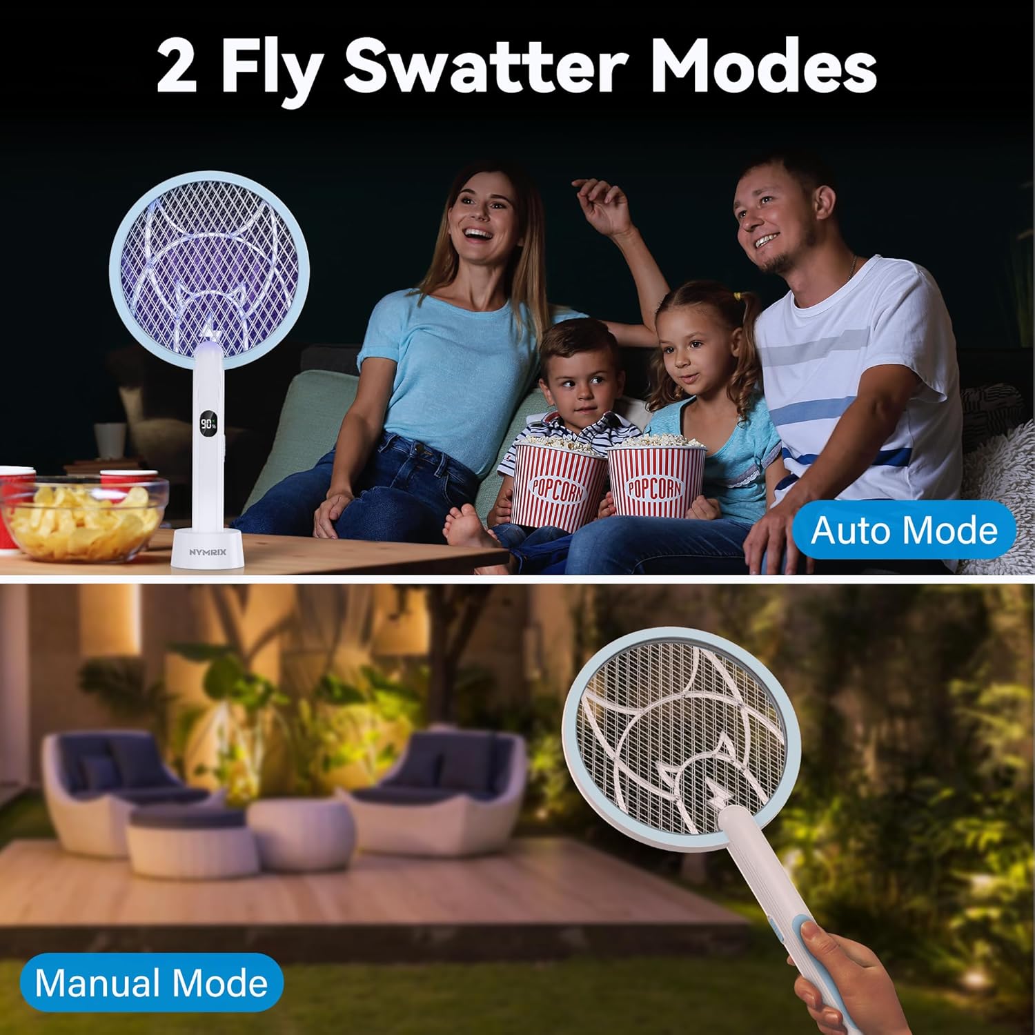 Electric Fly Swatter 4100V Dual Mode Bug Zapper Racket（Blue,2-Pack） | Mosquito Killer with 1800 mAh Rechargeable
