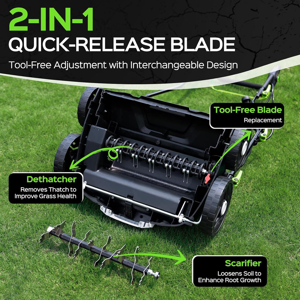 2026 Upgrade 16-Inch 15.5 Amp 2-in-1 Electric Dethatcher and Scarifier with 14.5-Gallon Collection Bag, Lawn