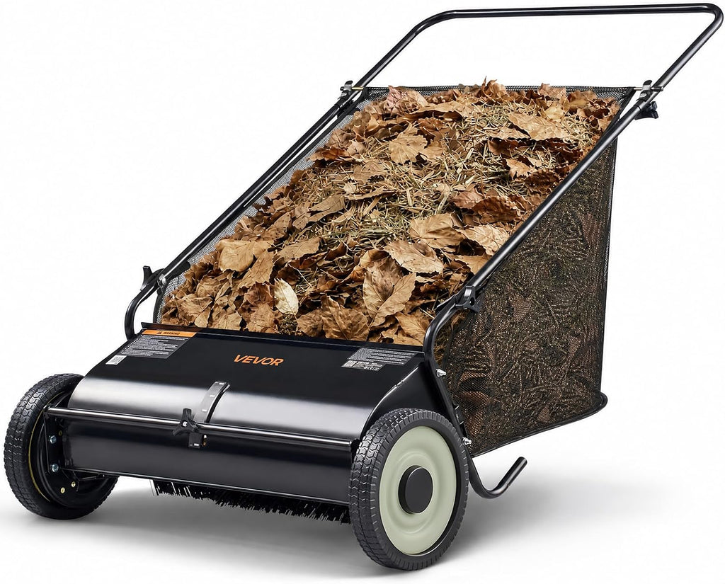 Push Lawn Sweeper 26 Inch Leaf & Grass Collector Strong Rubber Wheels