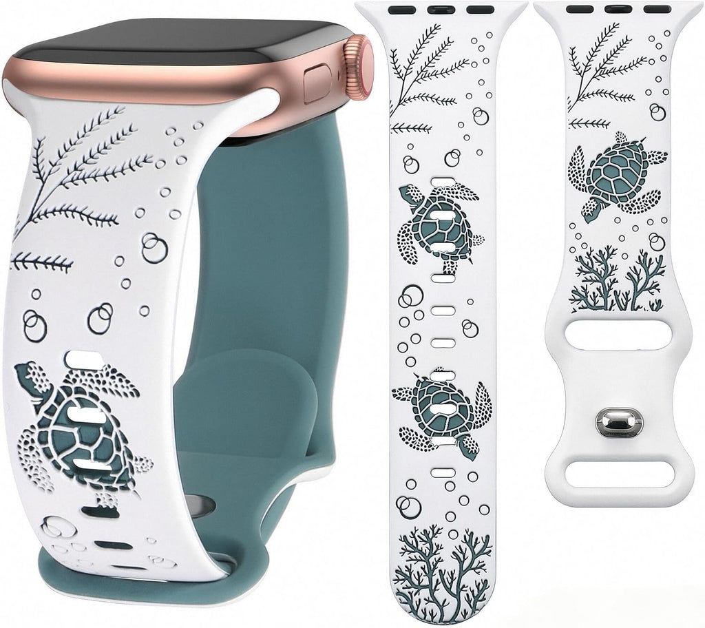 Cute Sea Turtle Engraved Band Compatible with Apple Watch Bands Women Men | Soft Silicone 38mm 40mm 41mm 42mm 44mm