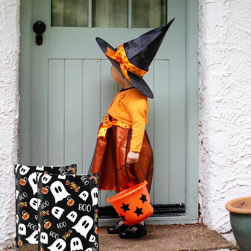 100 Pcs Halloween Poly Mailer 10 x 13 Inch Black Ghost Pumpkin Candy Mailing Bag Self-Sealing Plastic Packaging