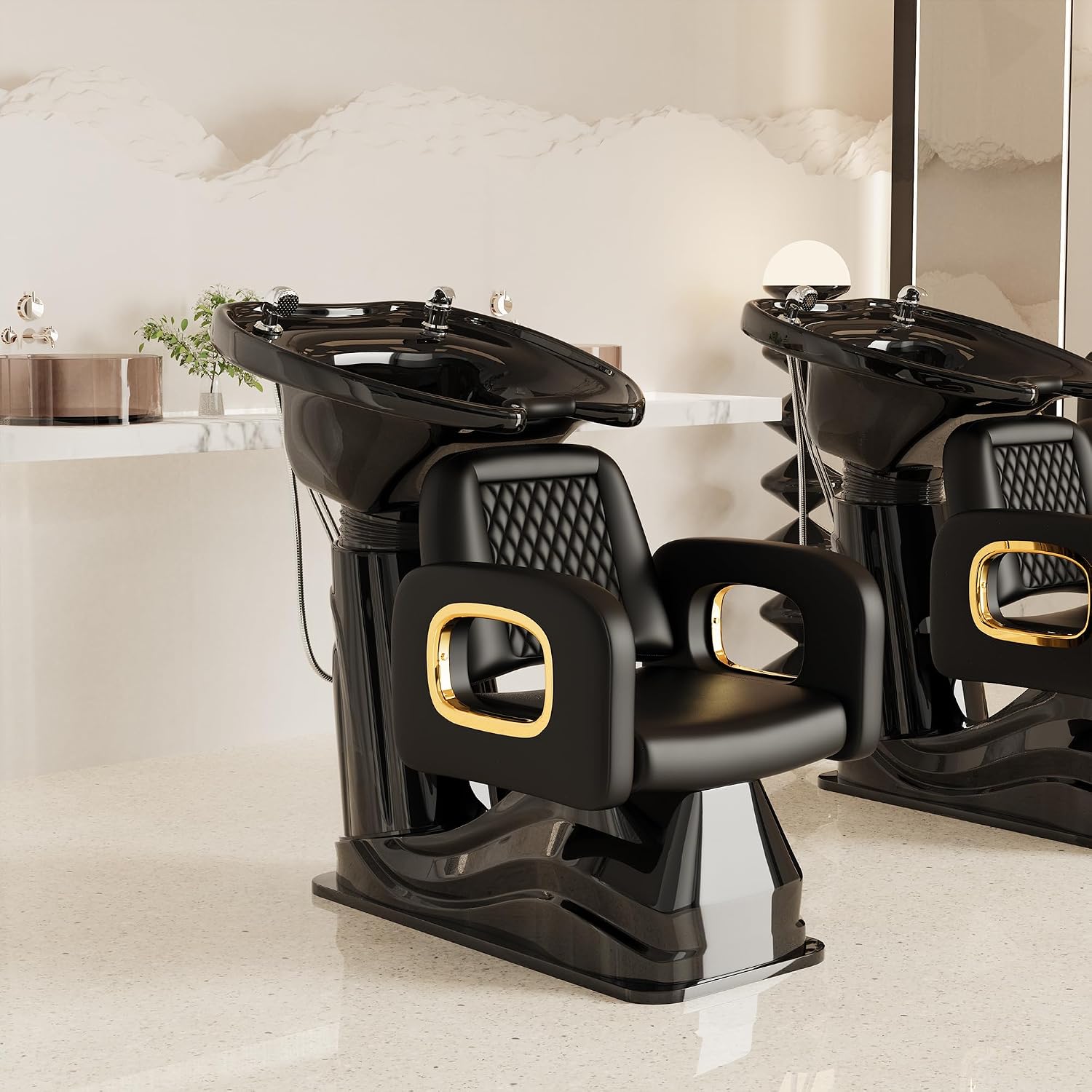 Black and Gold Shampoo Chair, Professional Shampoo Bowl and Chair Set for Salon, Comfortable Barber Backwash Chairs