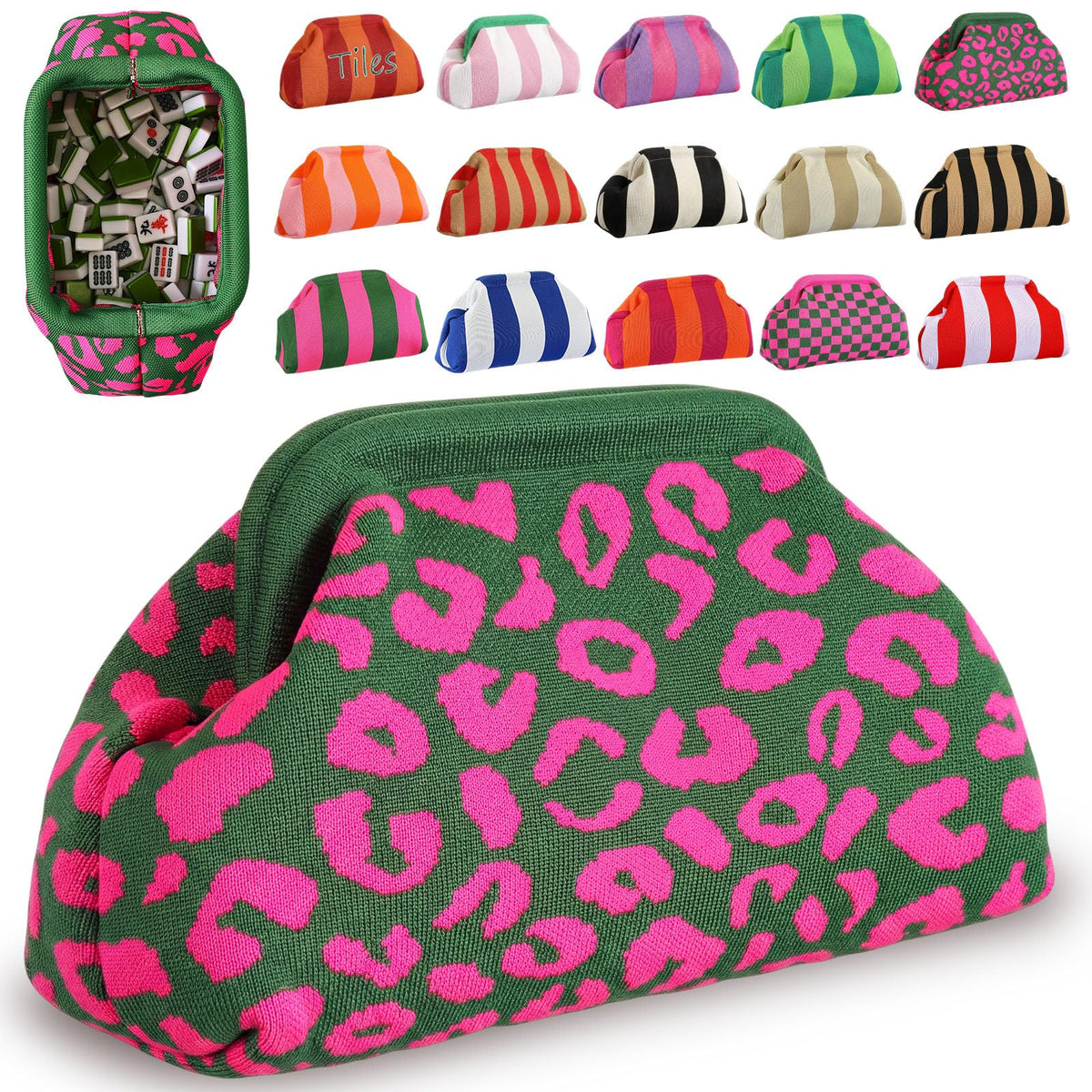 Mahjong Tile Bag Striped Clutch Green Pink Leopard Print