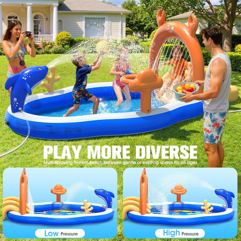 2026 Large Inflatable Play Center,Kiddie Pool with Water Slide&Sprinkler,121''x71"x51''Inflatable Toddler Pool with