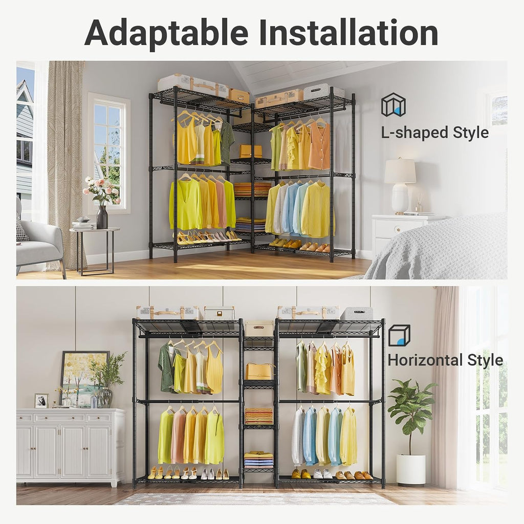X3 Expandable Heavy Duty Clothes Rack Adjustable from 5'2" to 8' with Adjustable Shelves and Hanger Rods, Large