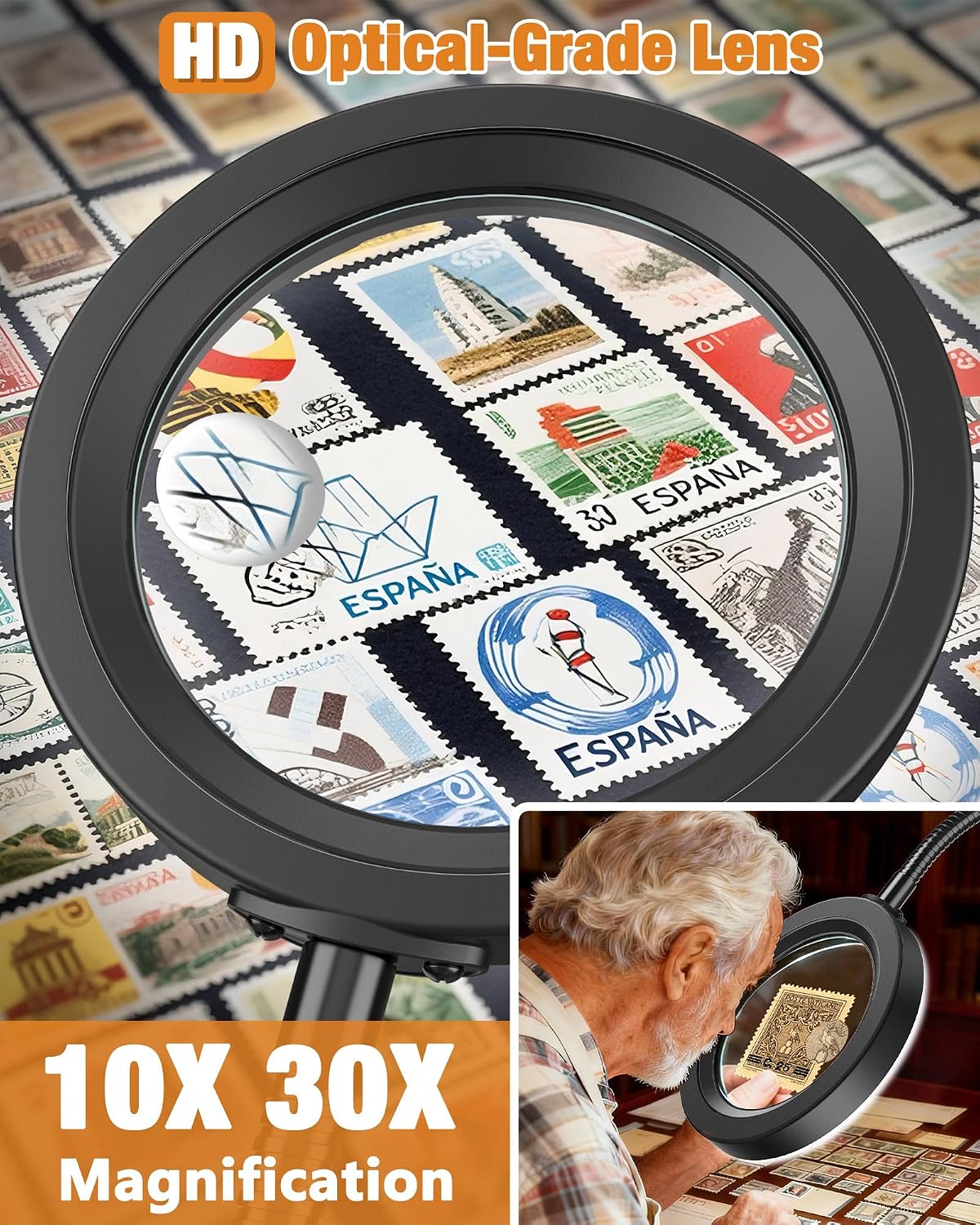 30X 10X Magnifying Glass with Light and Stand, 5 Color Modes Stepless Dimmable, Optical Grade HD Lens, LED Lighted