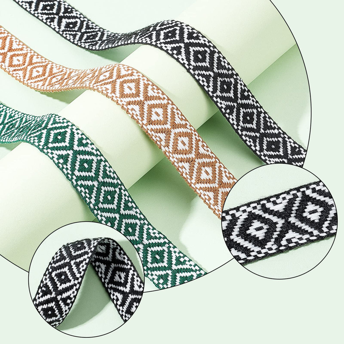 3 Colors 15 Yards Jacquard Ribbon Trim, Boho Striped Woven Trim