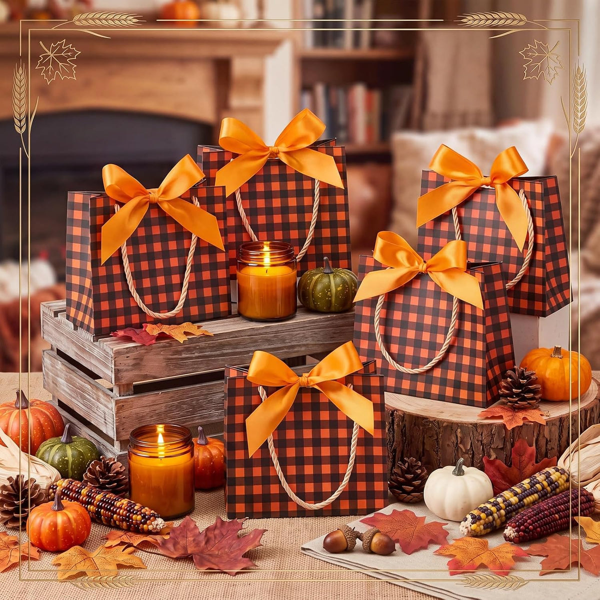 50 Pcs Small Fall Paper Gift Bags with Handles, Orange & Black