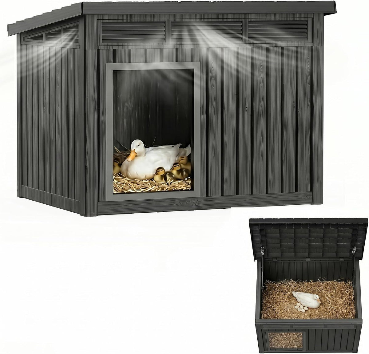 Outdoor Duck House, PP Resin Material with Spacious Interior Poultry Shelter, Gas Strut Opening Top & Shutter Vents