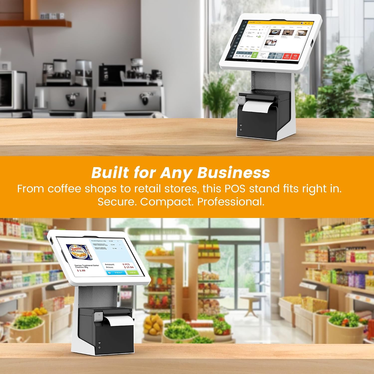 All-in-One Tablet POS Stand with Printer Compartment, All Metal Desktop Kiosk with Key Lock, 90° Flip Enclosure