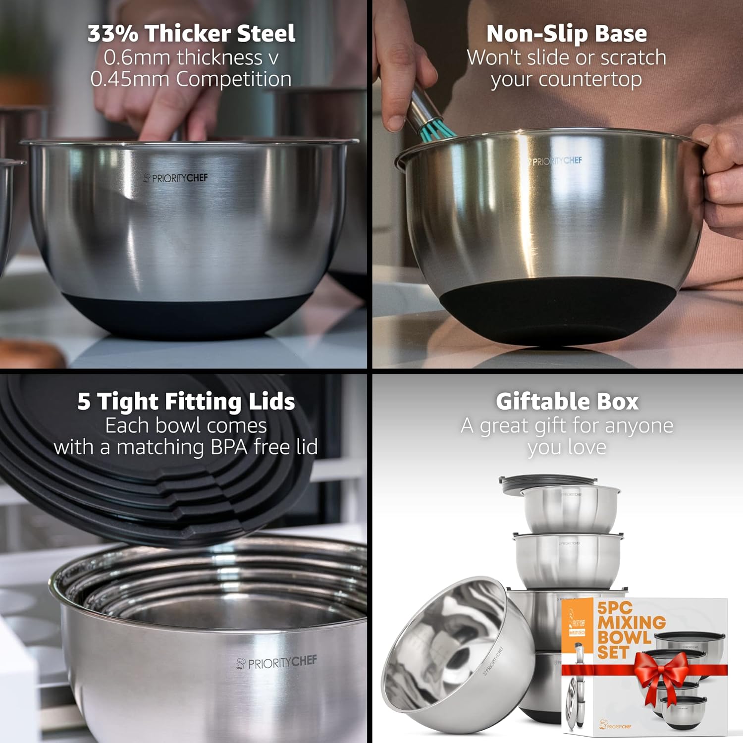 Premium Mixing Bowls With Lids Set, Airtight Lids, Thicker Stainless Steel, Non-Slip Base, 5 Nesting Steel Bowls for