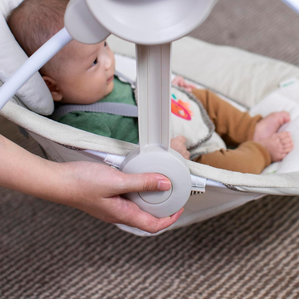 Soothe 'n Delight Compact Portable 6-Speed Plush Baby Swing with Music, Folds Easy, 0-9 Months 6-20 lbs (Cozy Kingdom)