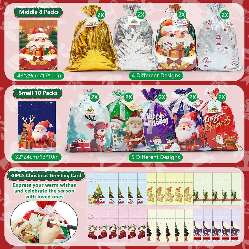 30 Pcs Christmas Gift Bags, 4 Assorted Sizes Small Medium Large