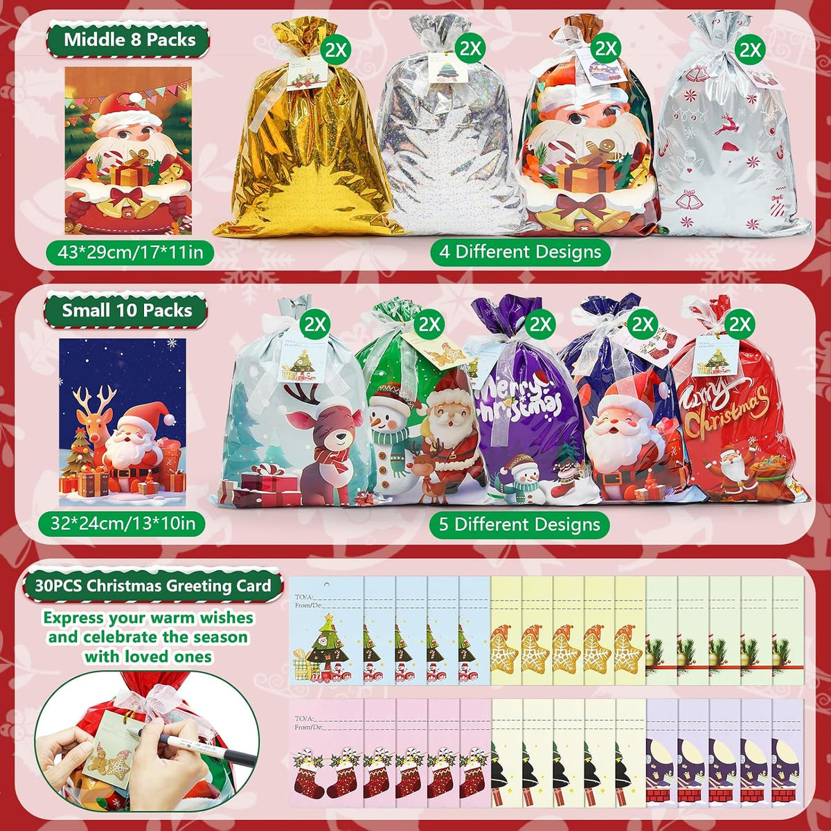 30 Pcs Christmas Gift Bags, 4 Assorted Sizes Small Medium Large