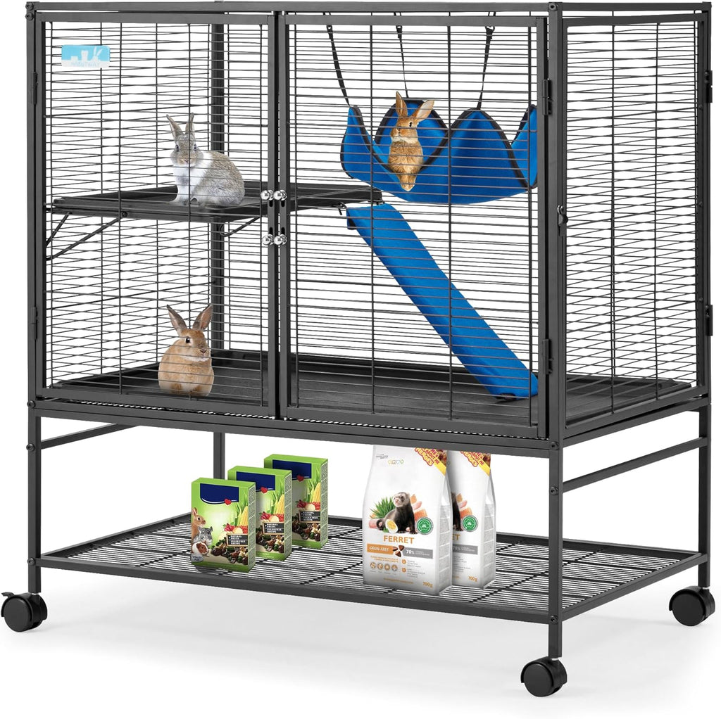 40''H Large Metal Rolling Ferrets Cage, 2-Tiers Small Animal Cages, Cage for Rats/Chinchillas, 0.5'' Bar Spacing for