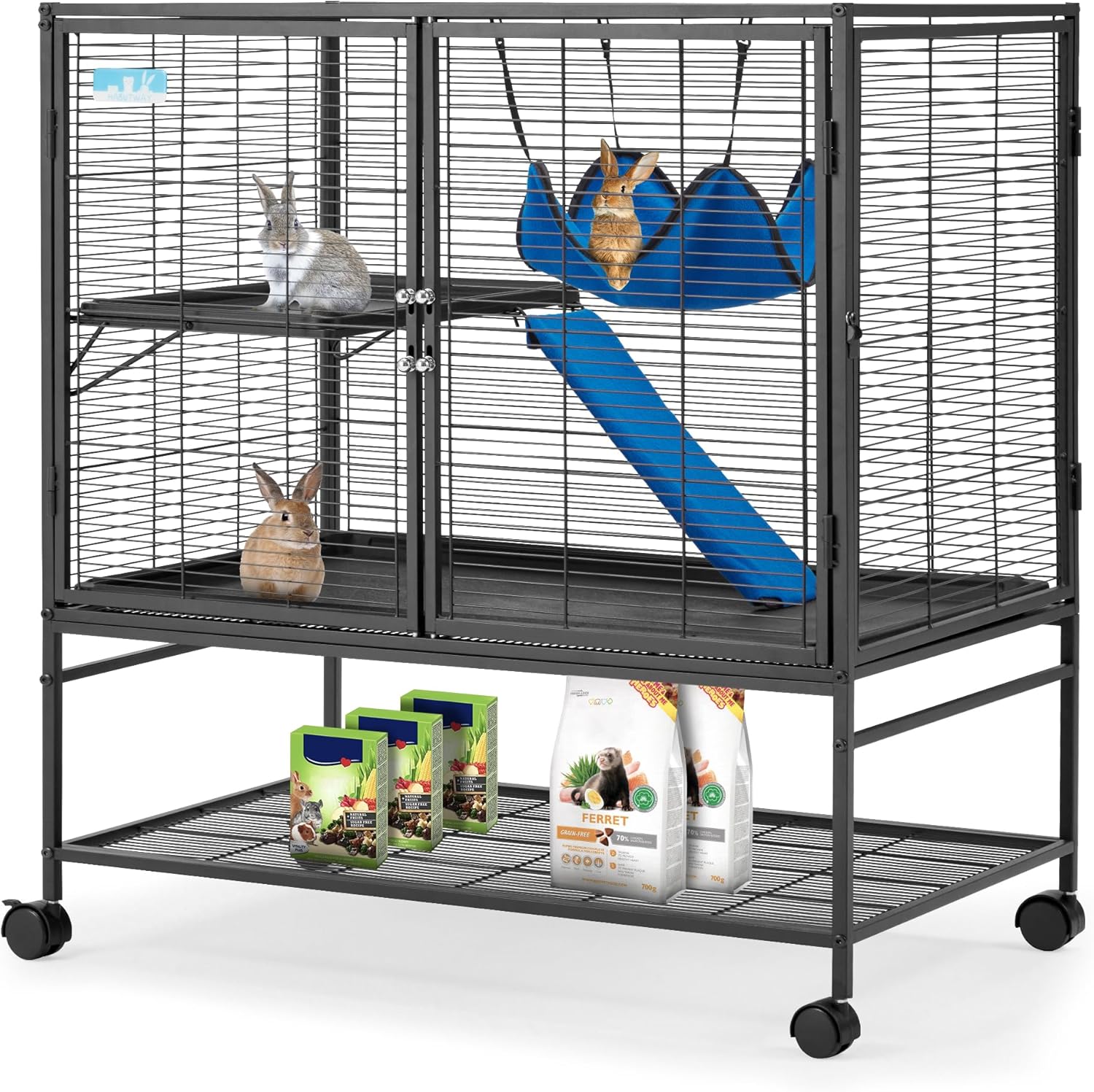 40''H Large Metal Rolling Ferrets Cage, 2-Tiers Small Animal Cages, Cage for Rats/Chinchillas, 0.5'' Bar Spacing for
