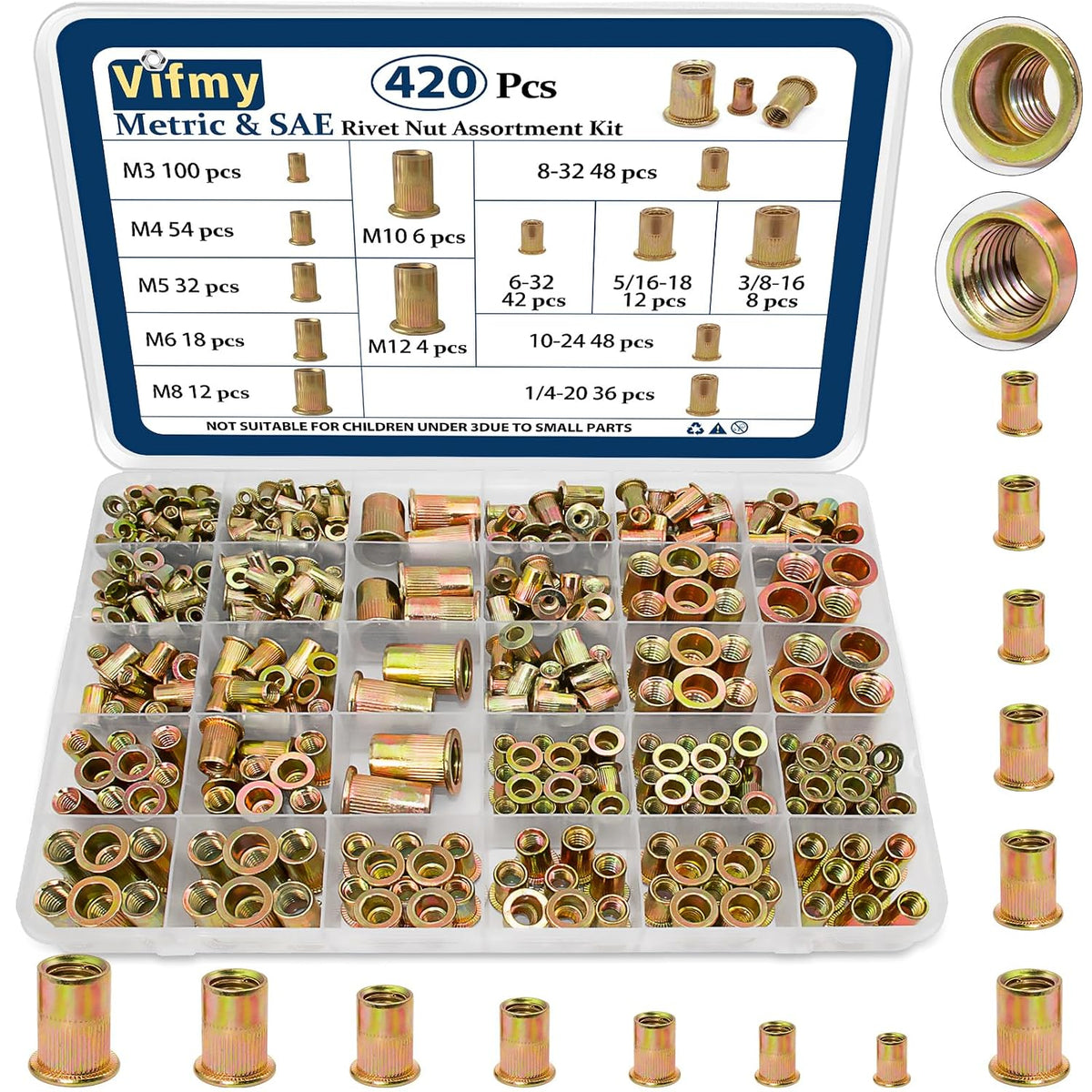 SAE & Metric Rivet Nut Assortment Kit 420Pcs Zinc Plated Certnut