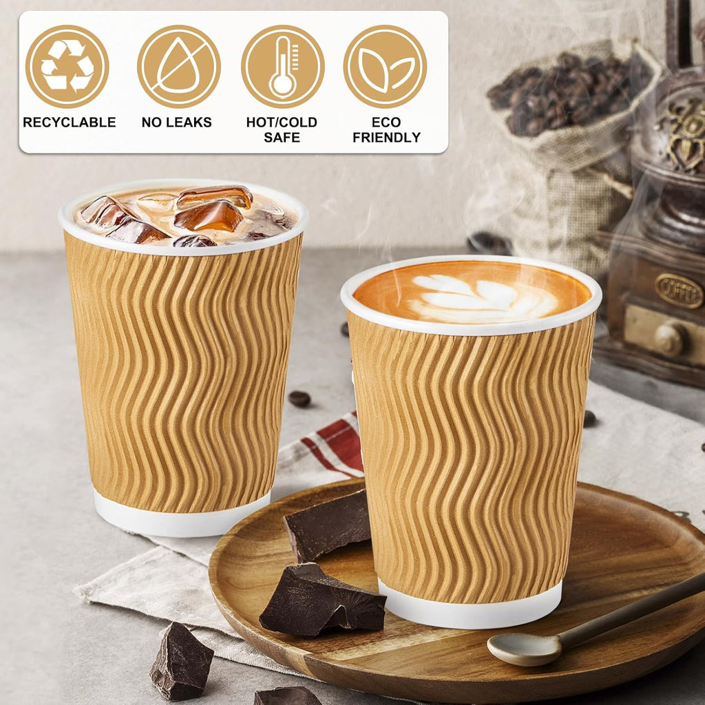 150 Pack 12 oz Disposable Coffee Cups, Insulated Corrugated Paper Cups